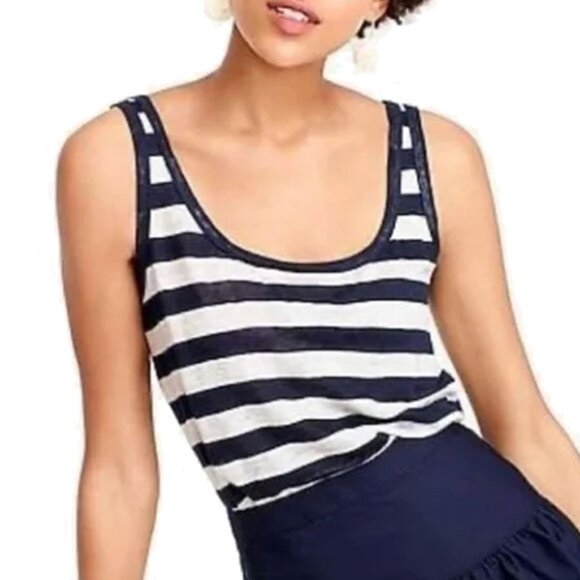 J Crew Linen Striped Tank Top L Blue White - Picture 1 of 9